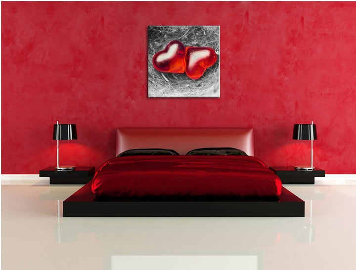 Pixxprint Zwei Herzen in kleinem Nest schwarz/weiss, Format: 70x70 auf Leinwand, 70x70