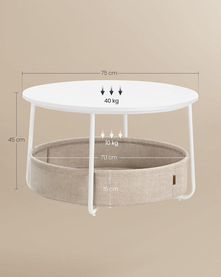 VASAGLE Couchtisch rund, Tisch mit Stauraum, Beistelltisch, Wohnzimmertisch mit Korb aus Stoff, mode