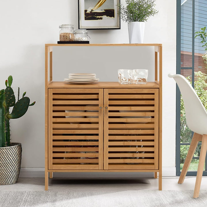COSTWAY Badezimmerschrank Bambus, Badschrank mit 2 Lamellentüren, Schrank multifunktional für Badezi
