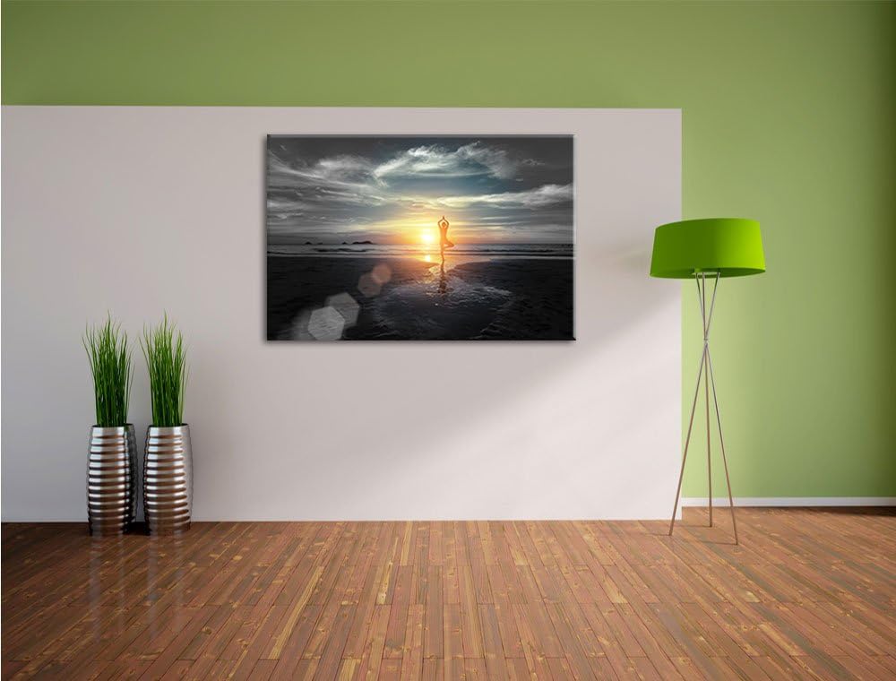 Pixxprint Yoga Silhouette am Strand als Leinwandbild/Grösse: 100x70 cm/Wandbild/Kunstdruck/fertig be