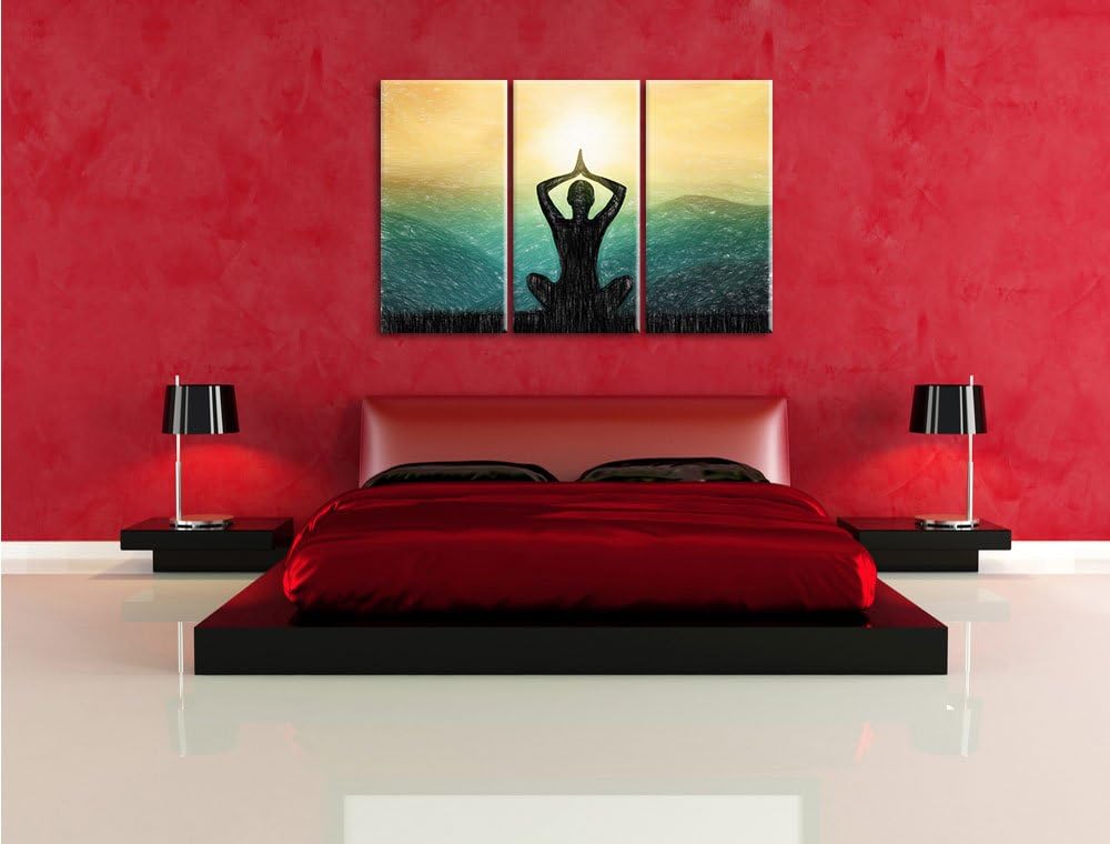 Pixxprint Yoga und Meditation in den Bergen Kunst Buntstift Effekt 3-Teiler Leinwandbild 120x80 Bild