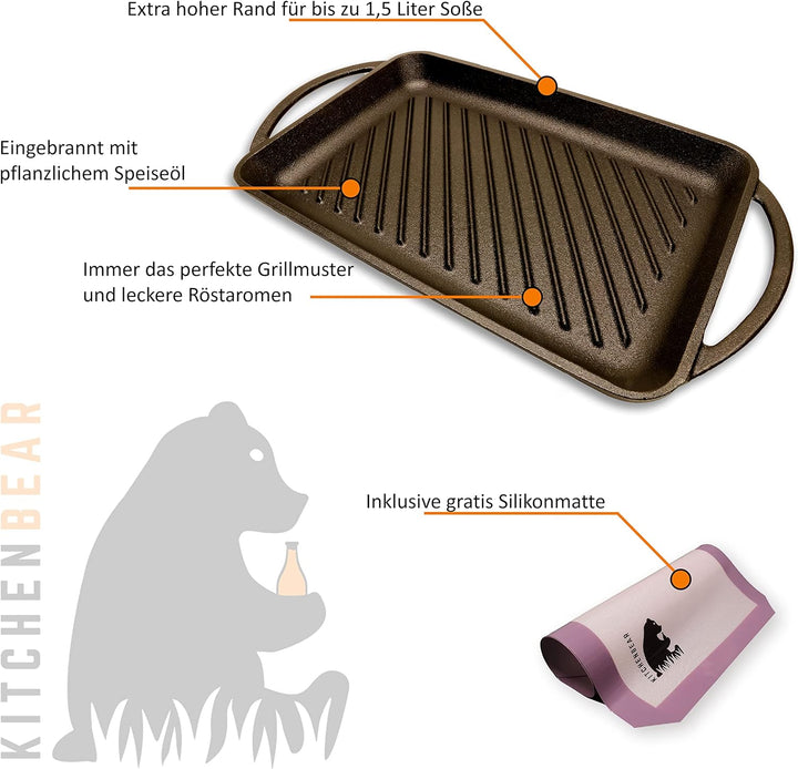 KITCHENBEAR - Grillplatte aus Gusseisen inkl. Silikonmatte - geeignet für Induktion, Gas, Ceran, Bac