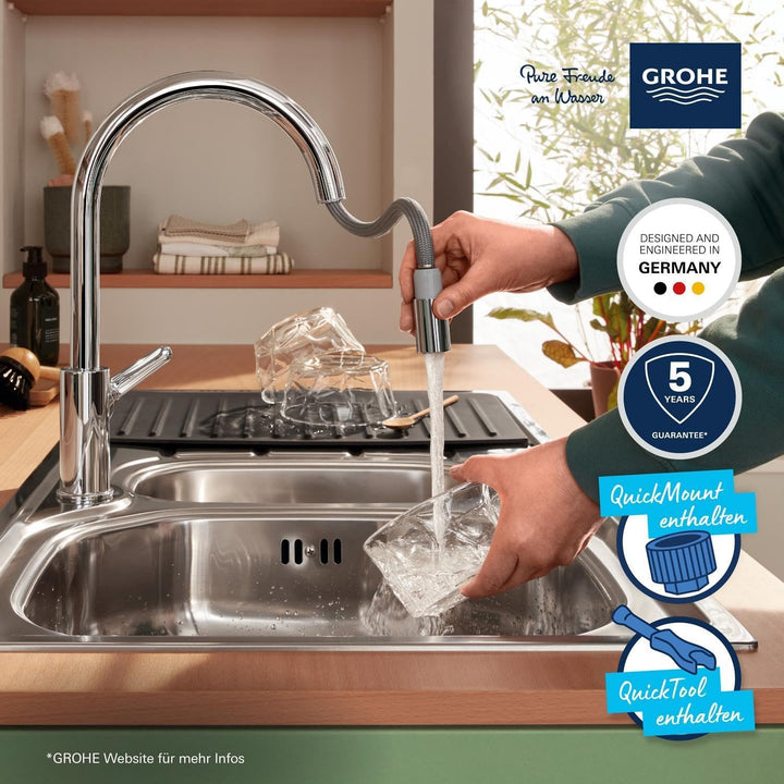 GROHE StartCurve - Einhand- Spültischarmatur (hoher Auslauf, herausziehbare Mousseurbrause, Schwenkb