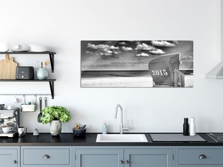 Glasbild Panorama | Wandbild aus Echtglas | Strandkorb an der Nordsee | 100x40 cm | inkl. Aufhängung