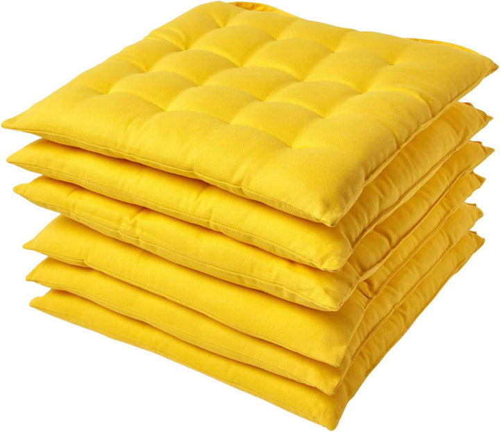 Homescapes 6er Set Stuhlkissen 40 x 40 cm, gelb, Sitzkissen mit Bändern und Knopfverschluss, einfarb