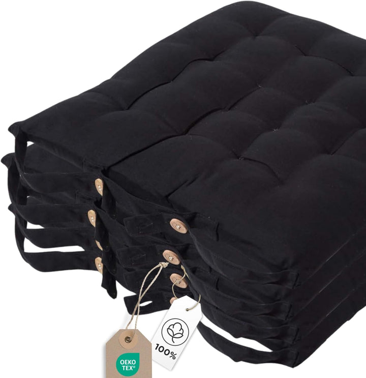 HOMESCAPES 4er Set Stuhlkissen 40 x 40 cm, schwarz, Sitzkissen mit Bändern und Knopfverschluss, einf