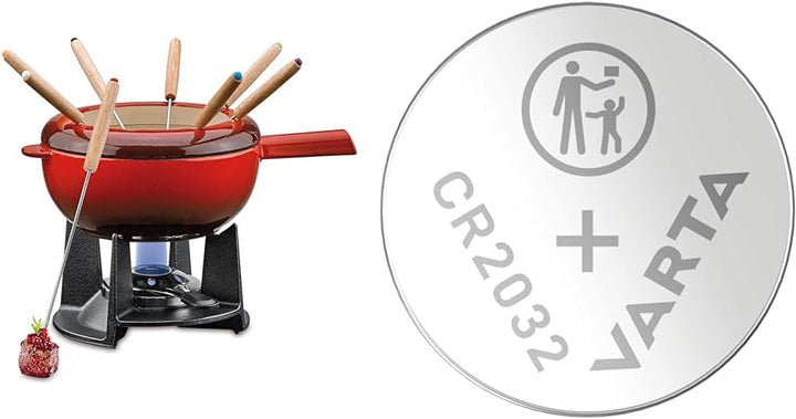 Spring Gusseisen Fondue Set rot | Ø 20 cm | mit 8 Fonduegabeln und Spritzschutz & VARTA Batterien Kn
