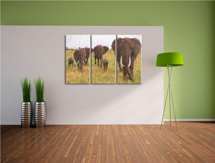 grosse wandernde Elefantenhorde NewArt 3-Teiler Leinwandbild 120x80 Bild auf Leinwand, XXL riesige B