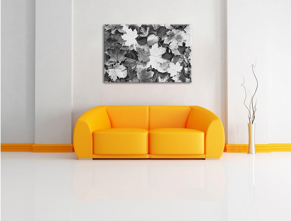 Herbstblätter Kunst B&W, Format: 100x70 auf Leinwand, XXL riesige Bilder fertig gerahmt mit Keilrahm