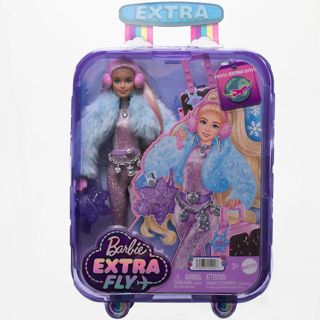 Barbie Extra Fly - Reisepuppe mit Winter-Outfit und Zubehör, 15 Accessoires wie Ohrenschützer, Hands