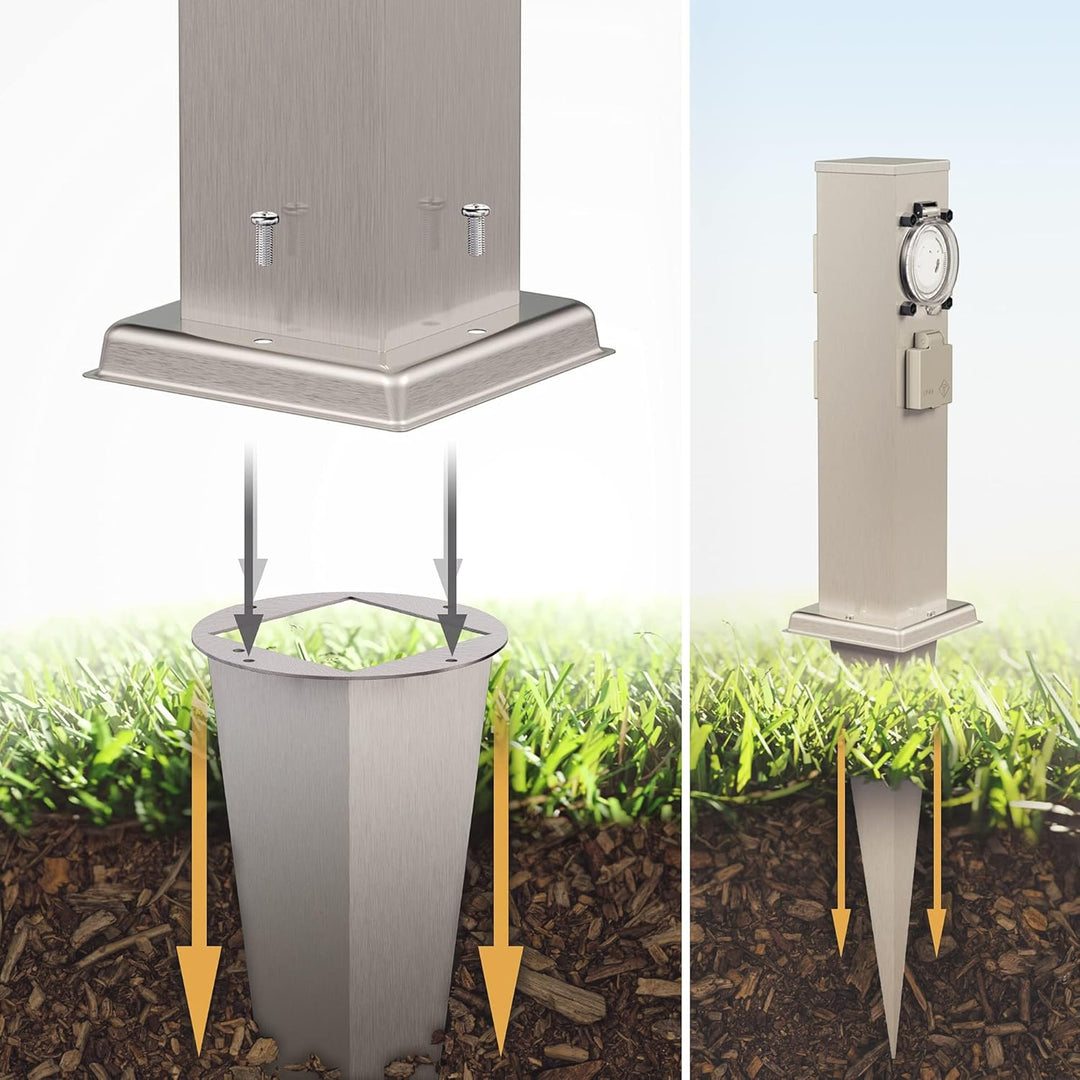 ledscom.de 2X Garten-Steckdosen-Säule Polly mit Erdspiess für aussen, 3-Fach mit Timer/Zeitschaltuhr