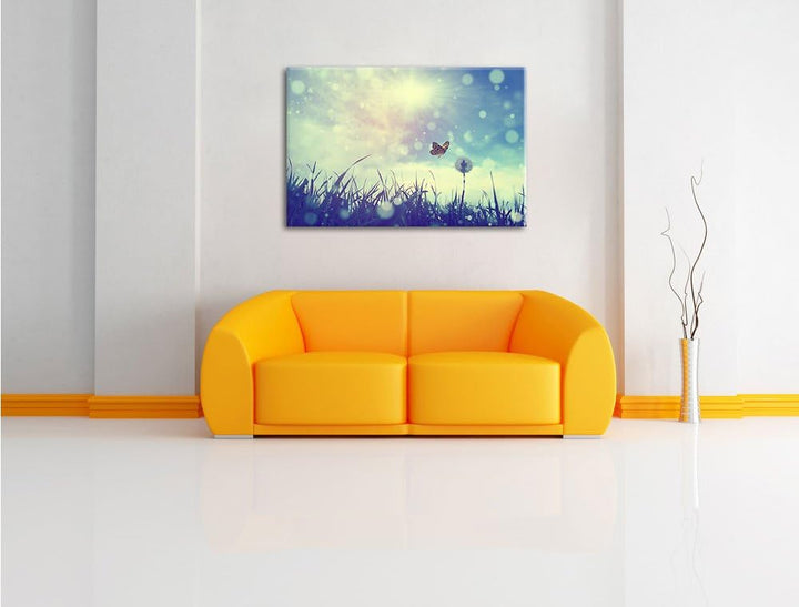 Pixxprint zarter Schmetterling fliegt zu Pusteblume, Format: 100x70 auf Leinwand, 100x70