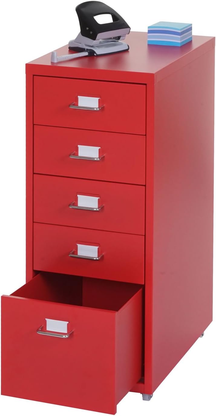 Mendler Rollcontainer Boston T851, Schubladenschrank Stahlschrank, 69x28x41cm 5 Schubladen - rot, Ro