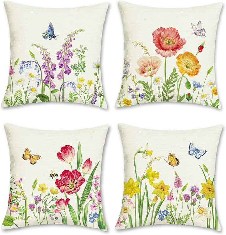Bonhause 4er Set Kissenbezüge Blumen 45 x 45 cm Blume Garten Schmetterlinge Polyester Leinen Dekorat
