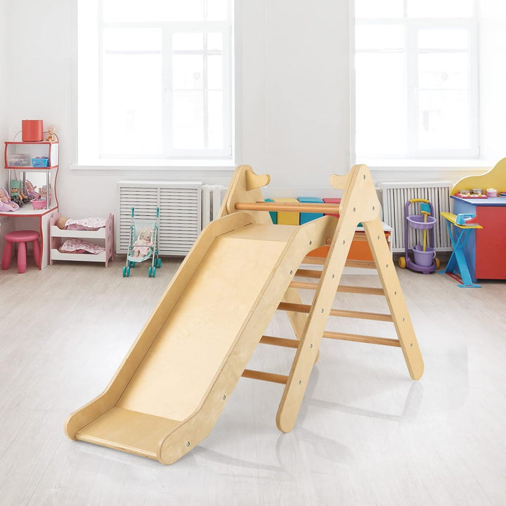 COSTWAY Kletterdreieck mit Rutsche, Klettergerüst aus Holz, Sprossendreieck zum Rutschen und Kletter