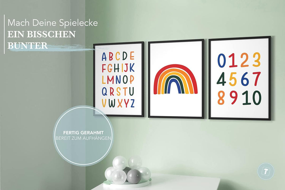 Papierschmiede® Kinderbilder 3er Set Lernposter, A4 gerahmt in Holzrahmen (schwarz), Geschenk für Mä
