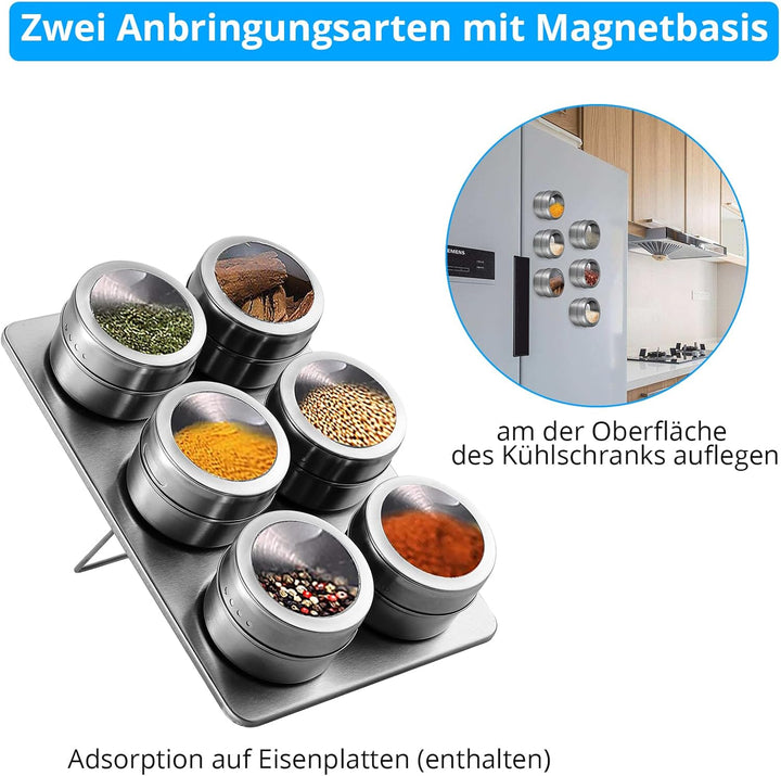 HOMGEN Gewürzdosen Magnetisch Edelstahl 6 Stück Gewürzgläser Set Magnet 100ml Gewürze Spice Jars mit