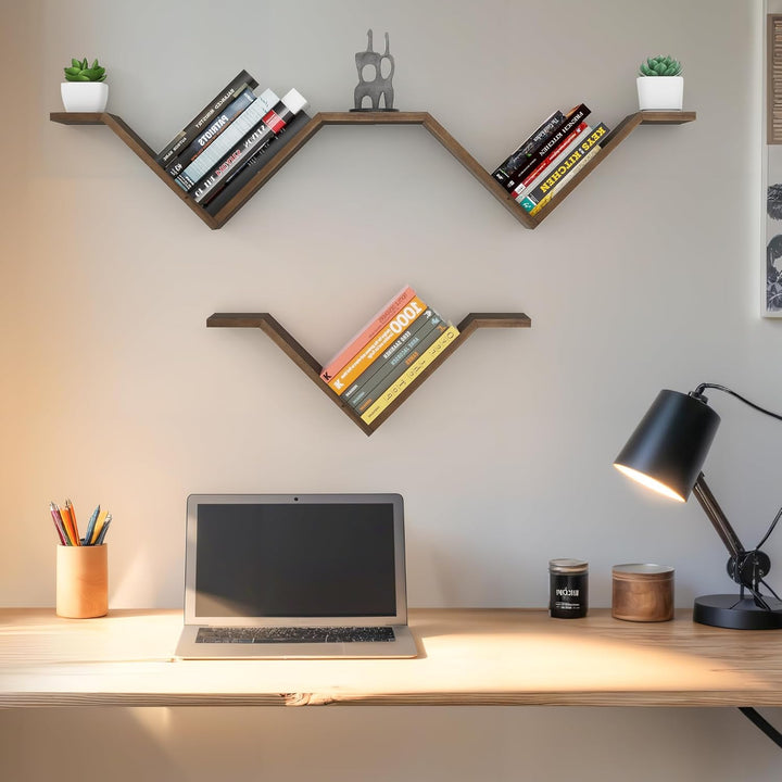 Mazjoaru Bücherregal Wandregal Holz 2er Set Wildgans-förmiges Design Schweberegale Modern V-Form Wan