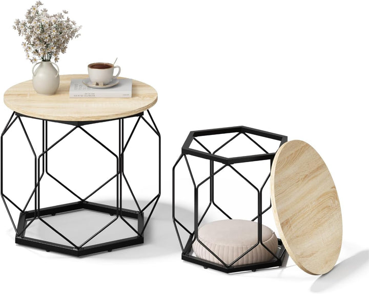 WOLTU Couchtisch 2er Set, Beistelltisch mit runder Tischplatte, Sofatisch mit hohlem Metallrahmen, W