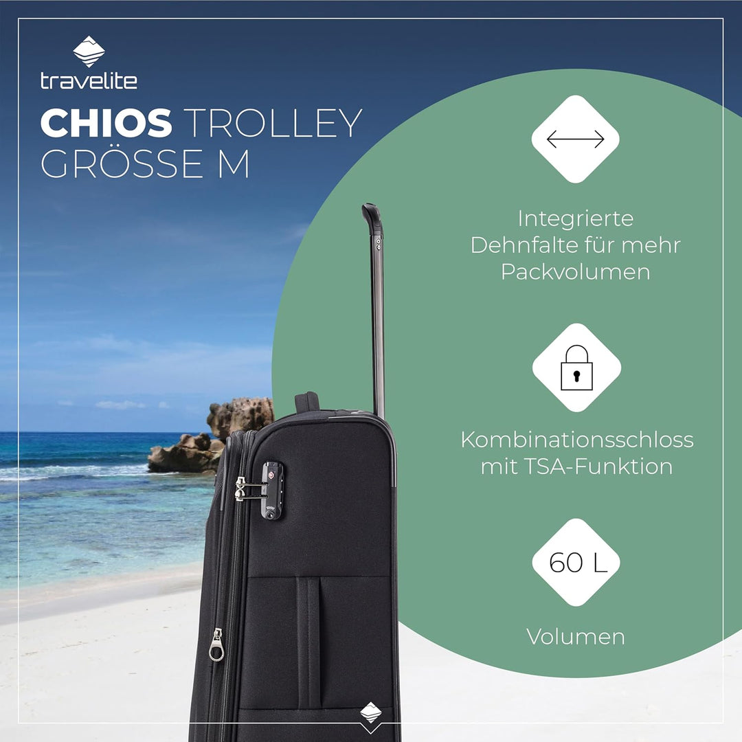 travelite 4-Rad Koffer Grösse M Weichschale, Gepäck Serie CHIOS mit Dehnfalte + Kantenschutz, Trolle