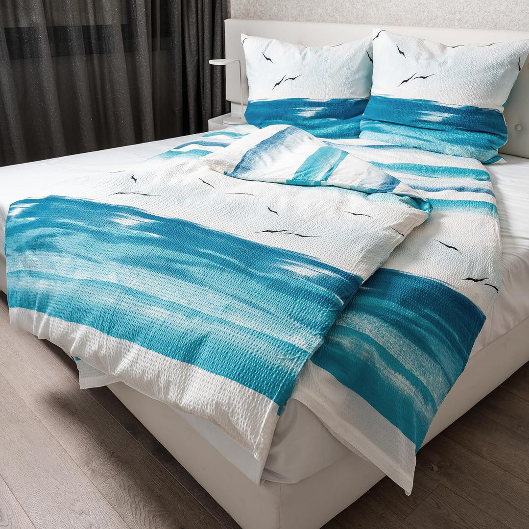 Traumschlaf • Seersucker Bettwäsche Set • Bügelfrei• luftig leichte Sommer-Bettwäsche im Maritimen L