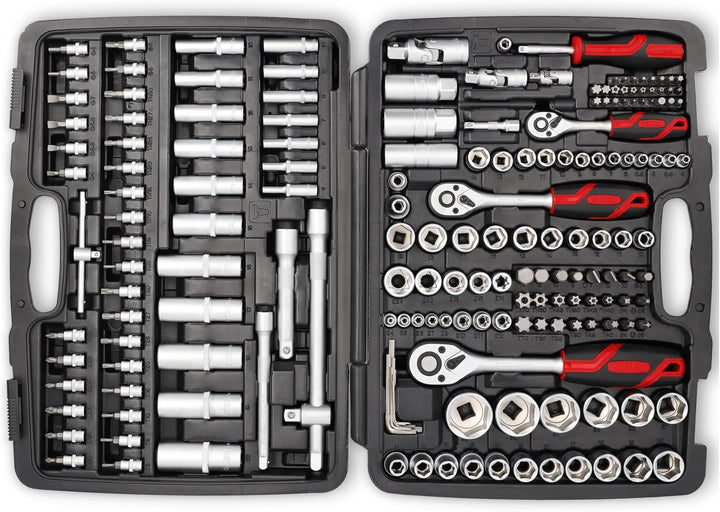 STIER Steckschlüssel Satz, 179-teilig, 1/2 Zoll 1/4 Zoll & 3/8 Zoll Umschaltknarre, Sechskant-Stecks