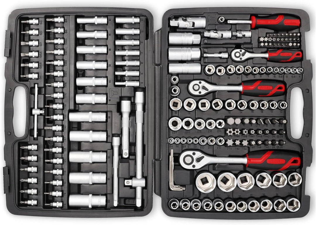 STIER Steckschlüssel Satz, 179-teilig, 1/2 Zoll 1/4 Zoll & 3/8 Zoll Umschaltknarre, Sechskant-Stecks