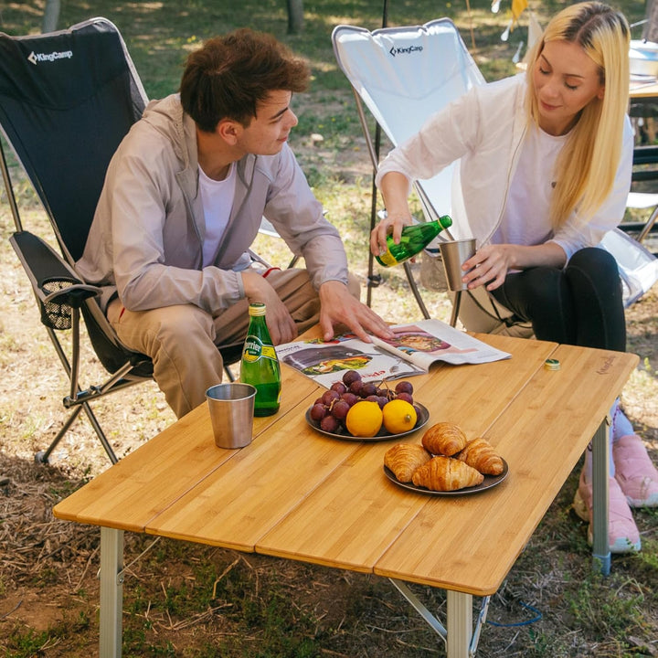 KingCamp Falten Bambus Campingtisch Klapptisch Verstellbare Höhe Aluminiumrahmen für Outdoor Camping