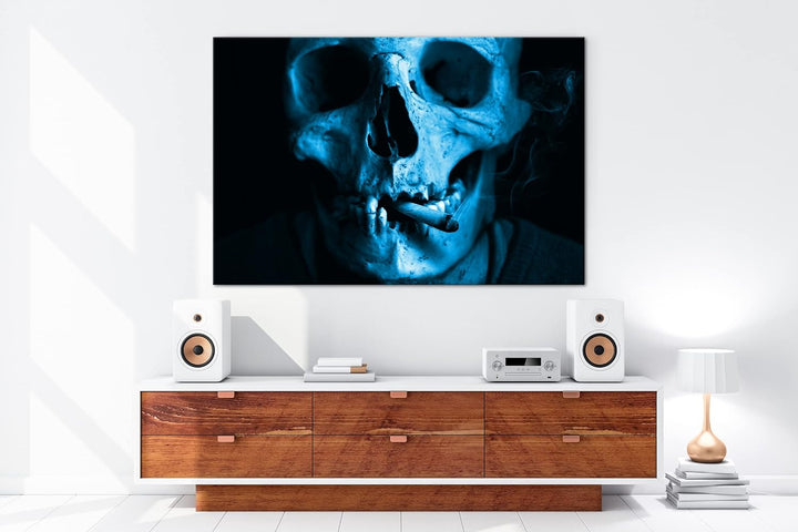 deyoli rauchender Schädel Format 80x60 Effekt: Monocrome Blau als Leinwandbild, Motiv fertig gerahmt
