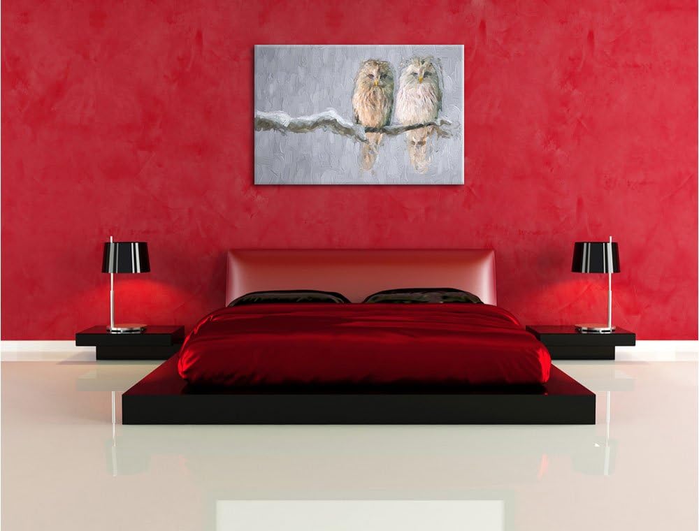 Pixxprint Zwei Eulen in Winterlandschaft Kunst Pinsel Effekt, Format: 100x70 auf Leinwand, 100x70