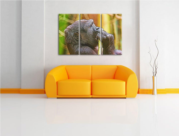 Gorilla isst NewArt 3-Teiler Leinwandbild 120x80 Bild auf Leinwand, XXL riesige Bilder fertig gerahm