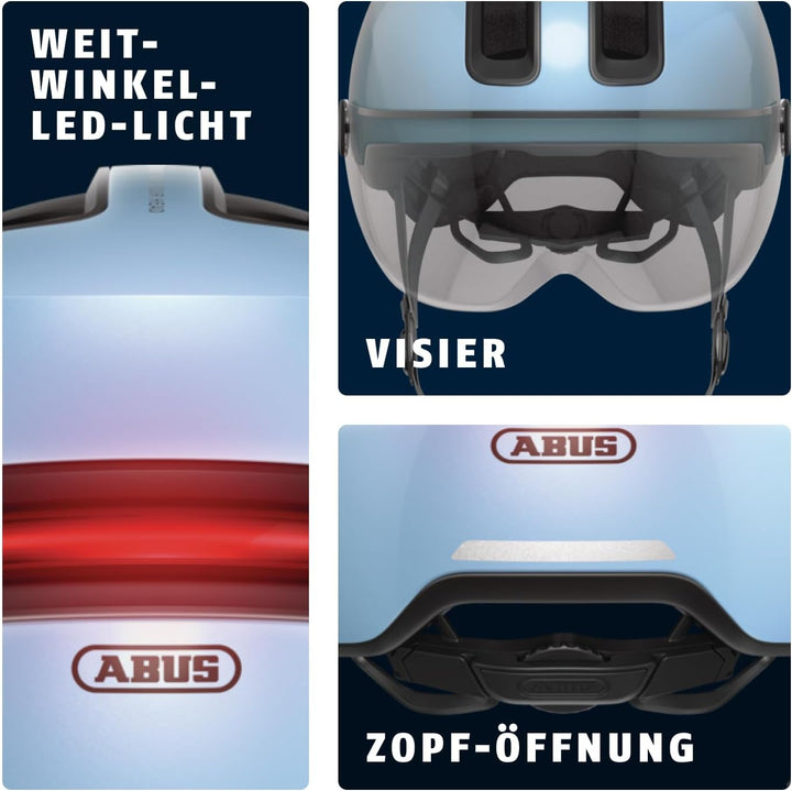 ABUS Stadthelm HUD-Y ACE - stylischer Fahrradhelm mit Visier und magnetischem, aufladbarem LED-Rückl