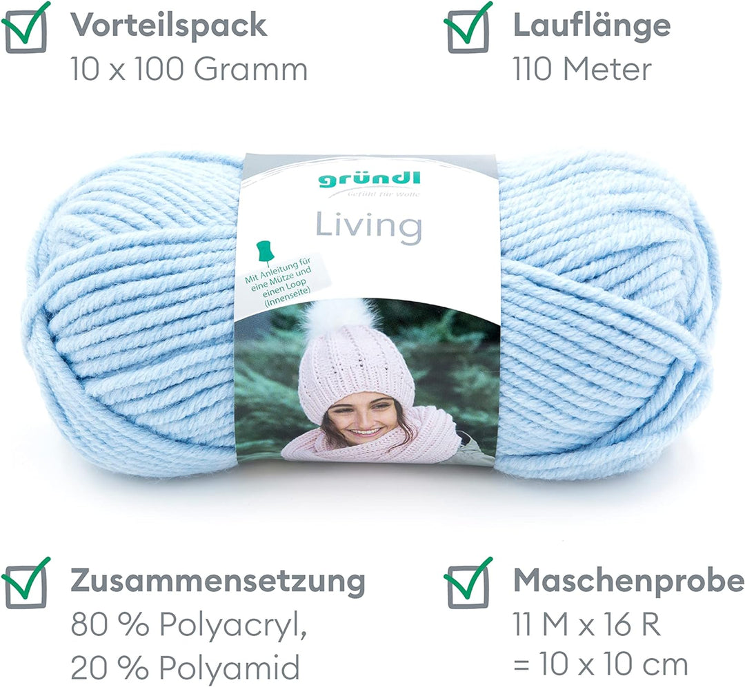 Gründl Garn Living (Strick- und Häkelgarn mit wollartigem Charakter, waschbares Garn aus 80% Polyacr