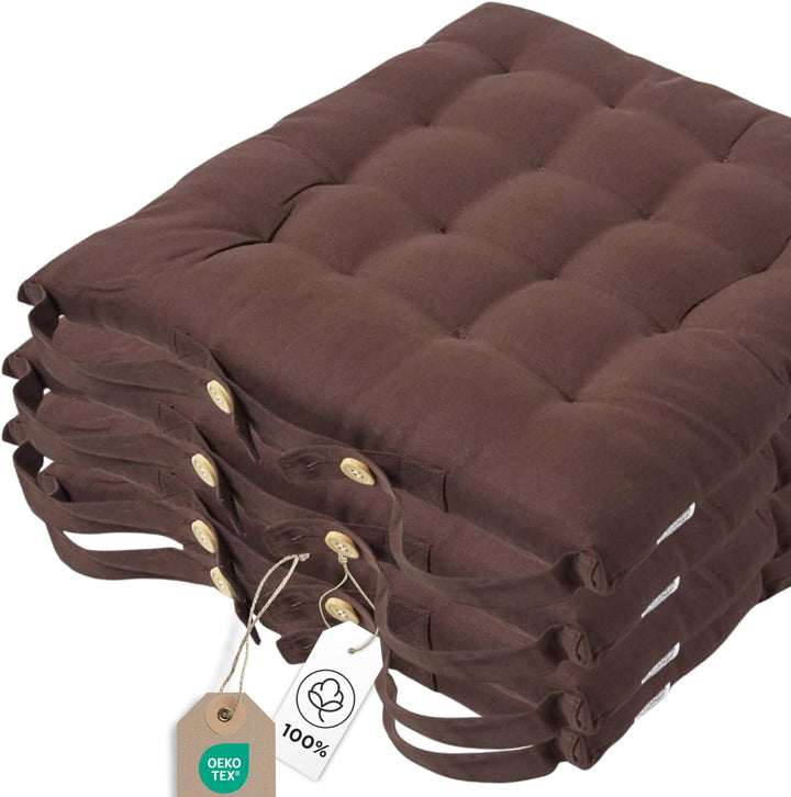 HOMESCAPES 4er Set Stuhlkissen 40 x 40 cm, braun, Sitzkissen mit Bändern und Knopfverschluss, einfar