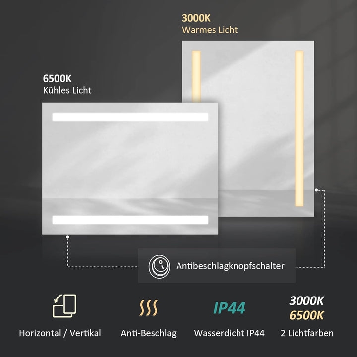 EMKE Badspiegel mit Beleuchtung 45x60cm Badezimmerspiegel mit Beleuchtung mit 2 Lichtfarben, Beschla