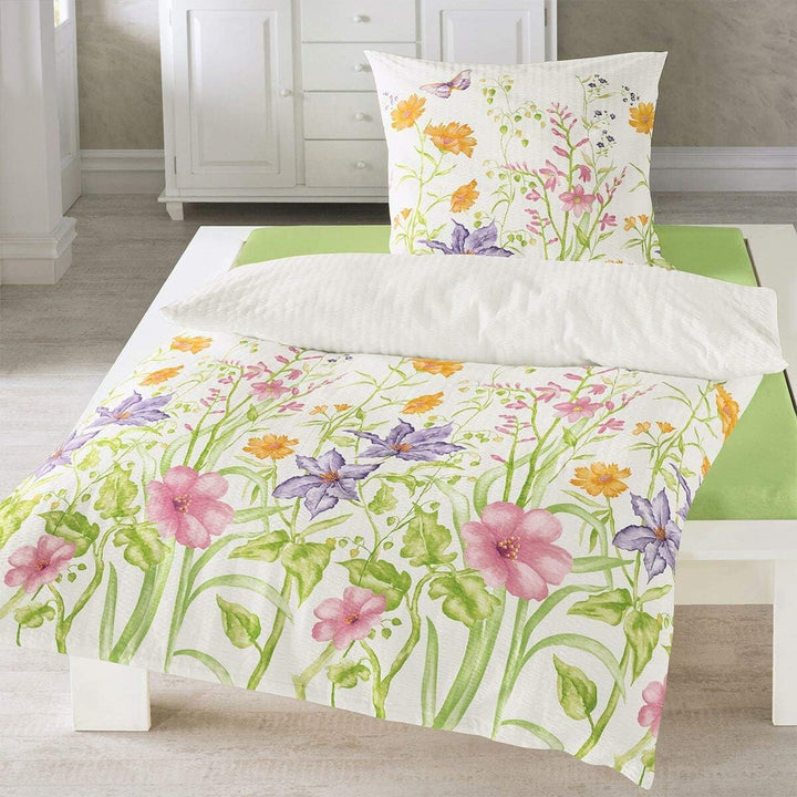 Seersucker Bettwäsche Set Blumenwiese – 135x200 cm Bettbezug + 80x80 cm Kissenbezug – 100% Baumwolle