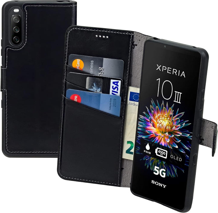 Suncase Book-Style Hülle kompatibel mit Sony Xperia 10 III 3 (2021) Leder Tasche (Slim-Fit) Lederhül