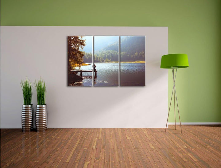 Pixxprint Yoga am See als Leinwandbild | Grösse: 3 Teilig (120x80) | Wandbild| Kunstdruck | fertig b