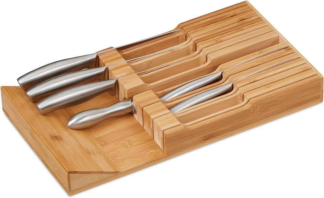Relaxdays Messerhalter Schublade, für 12 Messer & Wetzstahl, Bambus Messerblock liegend, HxBxT: 5 x