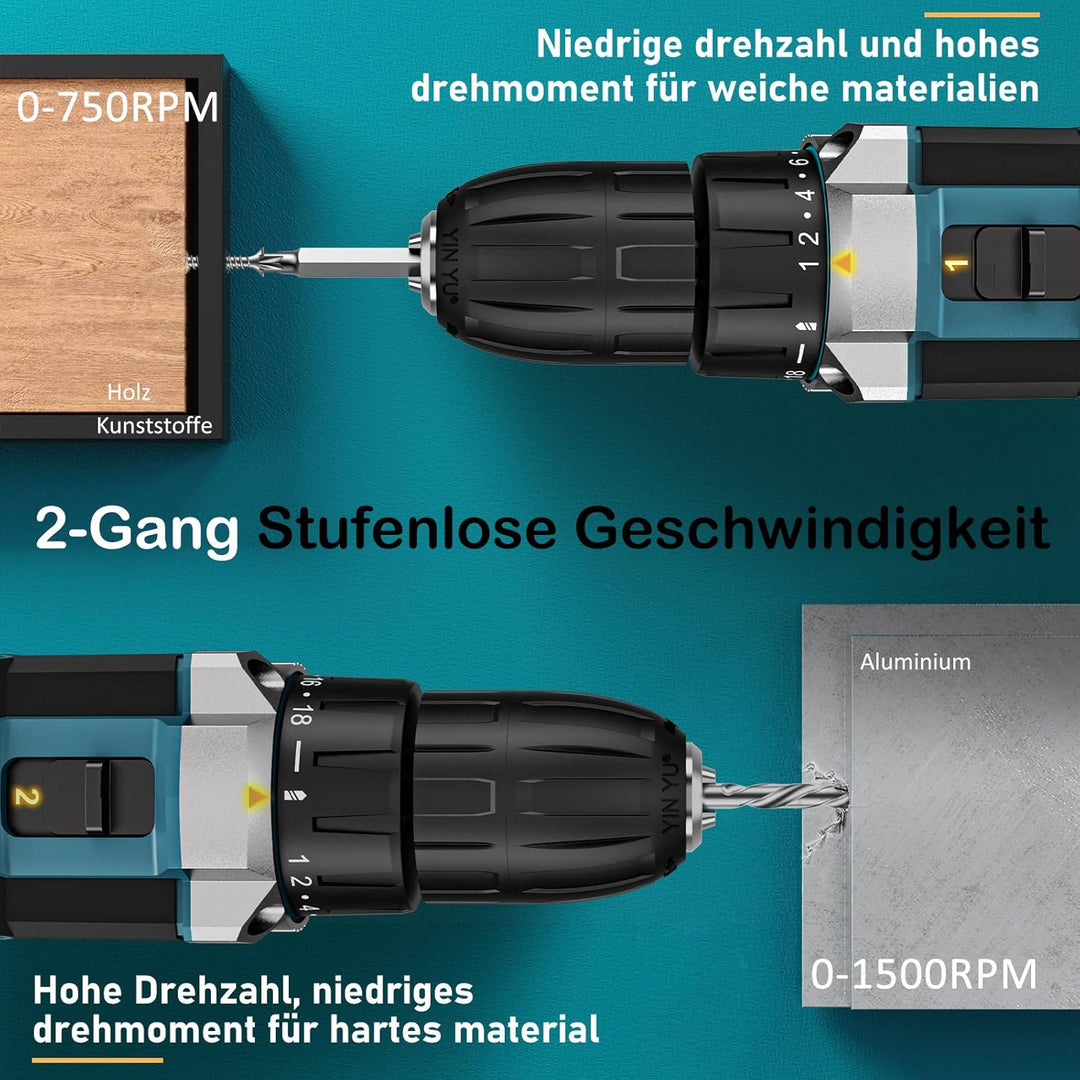 Sundpey Akkuschrauber 21V Akku Bohrmaschine - Akku Bohrschrauber mit 2x2000mAh Akku, 45 N.m Max, 2-G