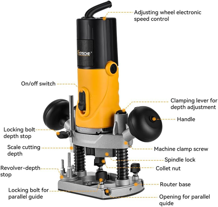 Hoteche 850W Oberfräse mit 30mm max Arbeitstiefe - Elektrische Holzfräse mit Kupferdrahtmotor, 11500