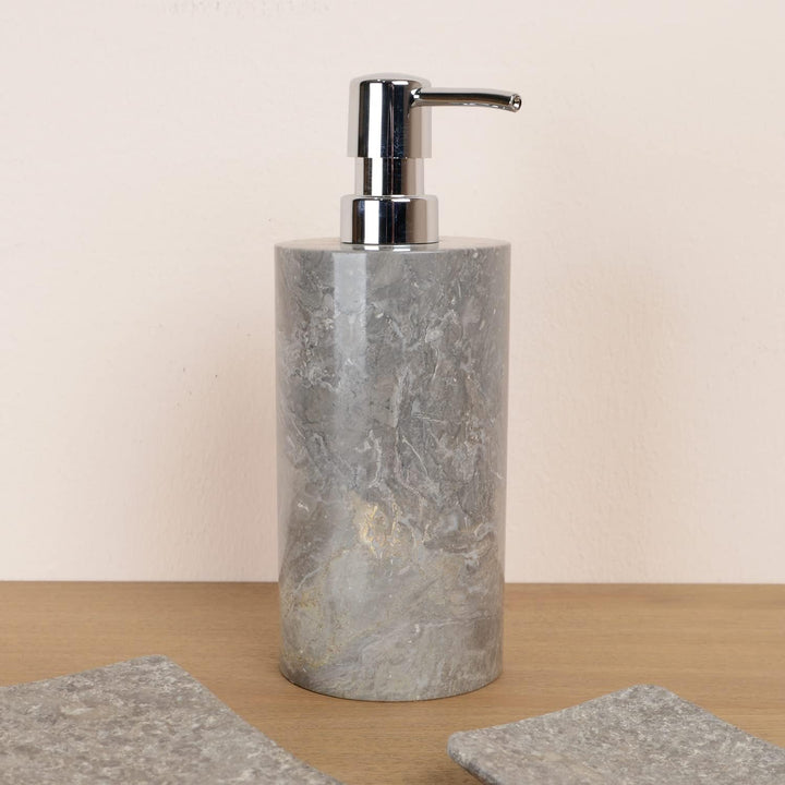 WOHNFREUDEN Naturstein Marmor Seifenspendernatur grau 15 cm + Dosierpumpe Stein
