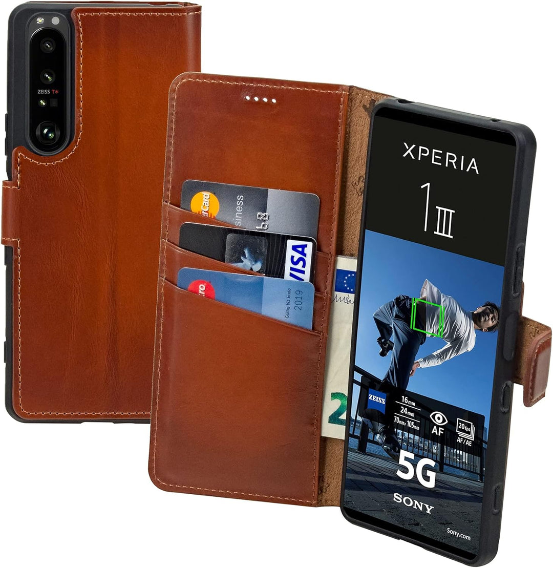 Suncase Book-Style Hülle kompatibel mit Sony Xperia 1 III 3 (2021) Leder Tasche (Slim-Fit) Lederhüll