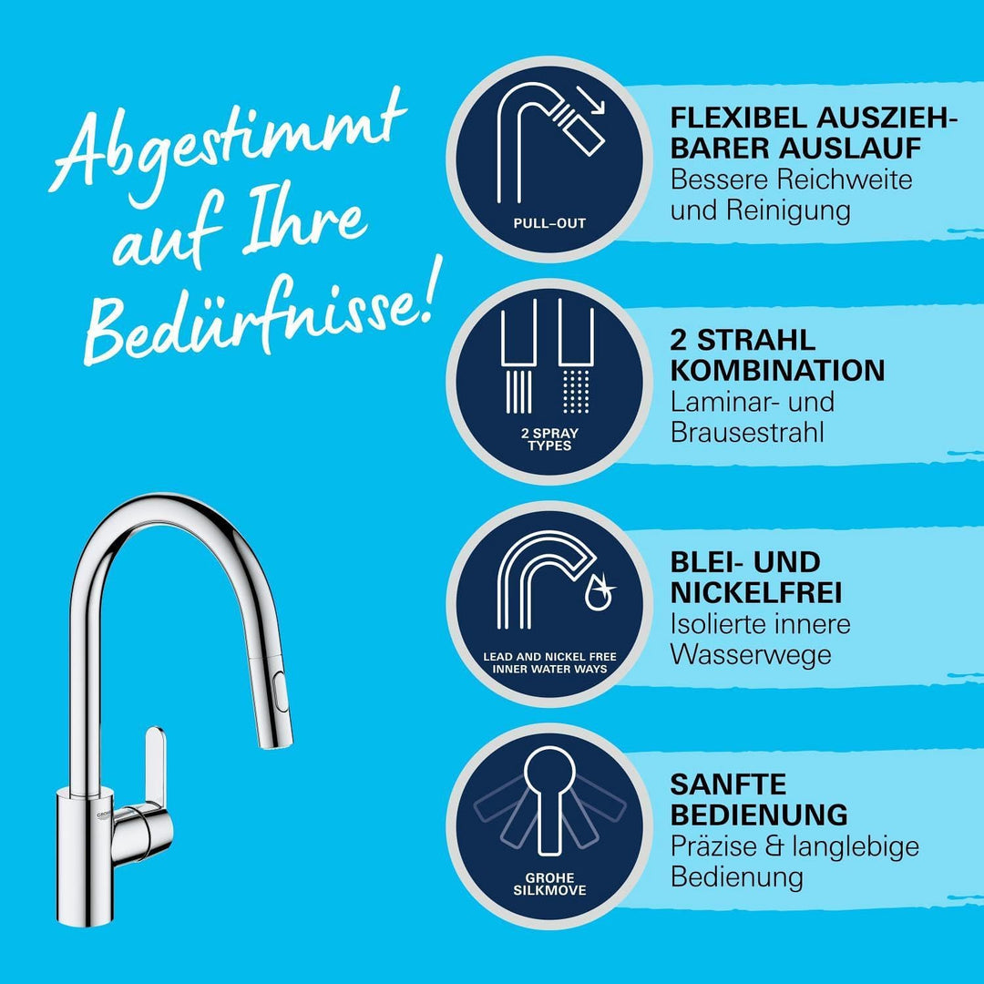 GROHE Get | Küchenarmatur - Einhand-Spültischbatterie, mit herausziehbarer Dual Spülbrause | C-Ausla