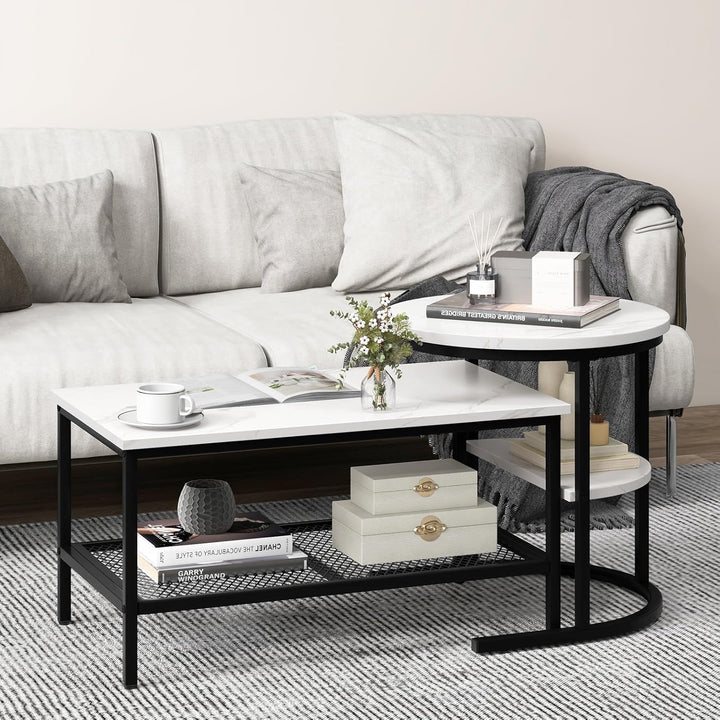 COSTWAY 2er Set Couchtisch, Beistelltisch Marmor Optik mit Metallrahmen & Ablage, Kaffeetisch Wohnzi