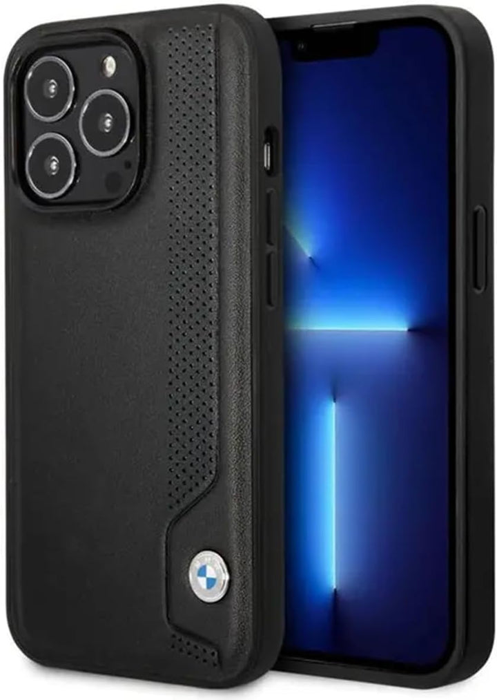 BMW Handyhülle für iPhone 14 Pro Max Signature Collection in Black Line und Dots, Echtleder-Schutzhü