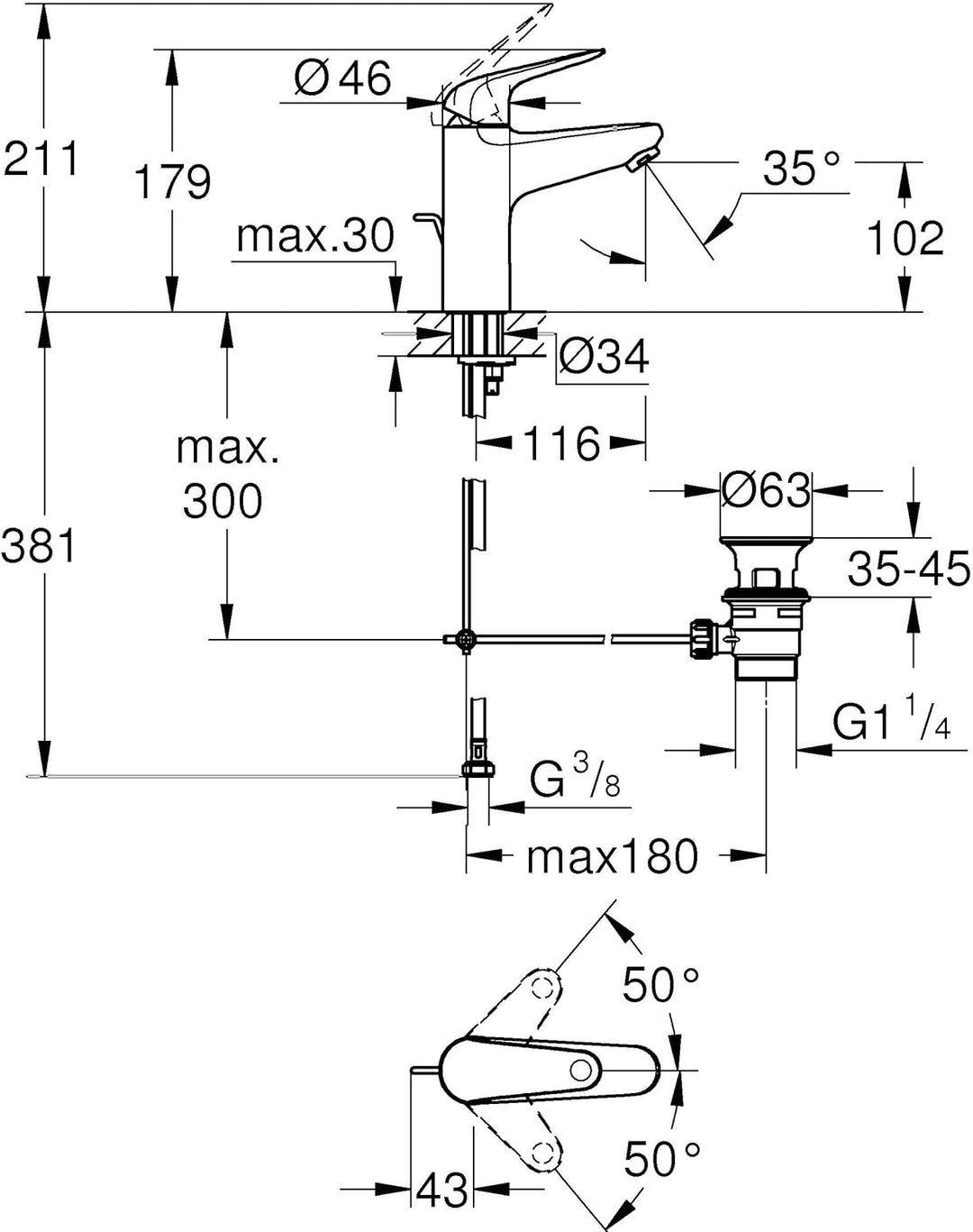 GROHE Swift - Waschtischarmatur (wassersparend, ~18cm hoch, inkl. Montagewerkzeug, Zugstange), chrom