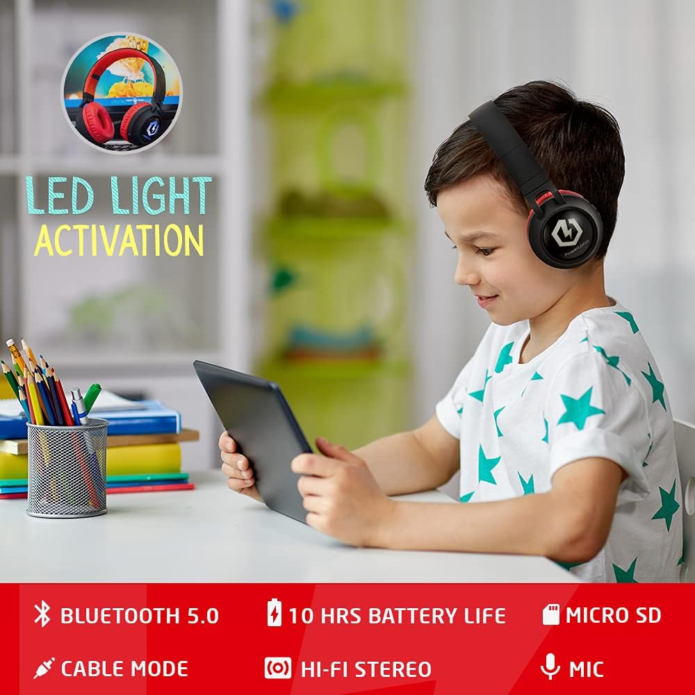PowerLocus Kinderkopfhörer Bluetooth, Kinder Kopfhörer Over-Ear mit 85db Lautstärkebegrenzung LED-li