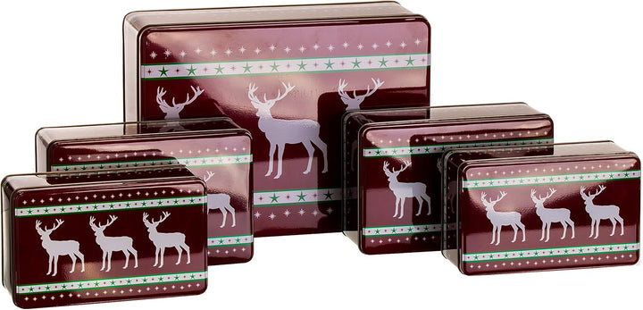 Brandsseller 5er Set Keksdose rechteckig Weihnachtsdose Plätzchendose Gebäckdose Metall Rentier 5er