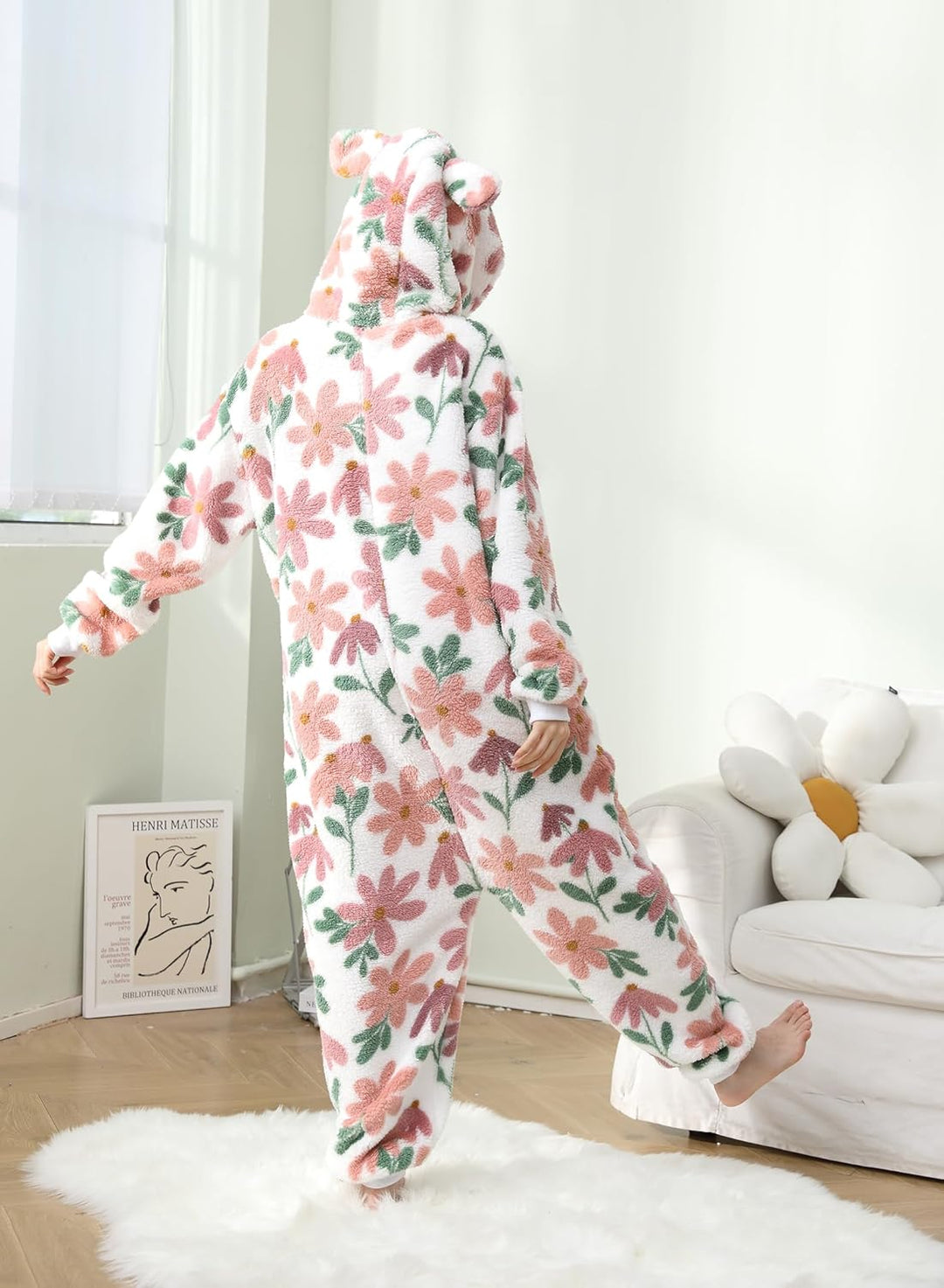 Focupaja Damen Fuzzy Pyjamas mit Kapuze Erwachsene Onesie Reissverschluss Warmes Fleece Gedruckt Wei